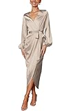 Womens Formal Dresses Long Sleeve V-Neck Tie Waist Split Midi Dress Champagne M