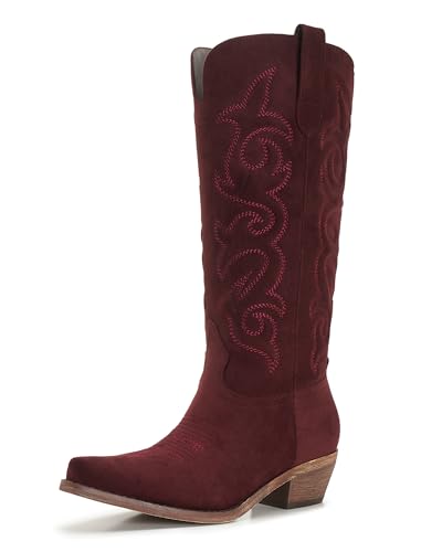 AITTA Suede Cowboy Boots for Women Knee High Cowgirl Boots, Western Boots with Classic Embroidered...