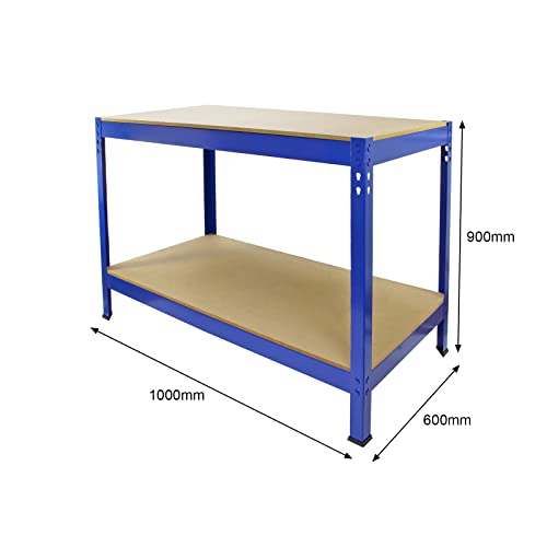 Mesa Trabajo Metálica Q-Rax Sin Tornillos Azul 90x100x60cm Banco Trabajo Taller Garaje Bricolaje Blue Metal Workbench Estante Ajustable Altura con Capacidad 200kg + Pies de Goma Protectores GRATIS