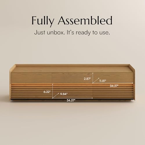 Image of POVISON 71 inch Fully Assembled Mid Century Modern TV Stand with LED Lights, Media Console with 6 Drawers, Wood Slatted Entertainment Center, No Assembly Required, Fits 65-75 Inch TV