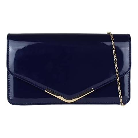 Girly Handbags Beautiful Patent Faux Leather Metallic Frame Envelope Clutch Bag Shoulder Bag Party Evening Wedding - Navy Cover