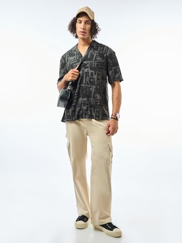 Image of Bewakoof Men's All Over Printed Oversized Fit Half Sleeve Resort Collar Rayon Shirt