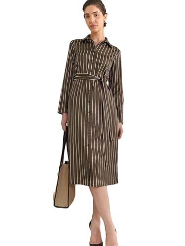 Image of FableStreet Women Formal Dress | Notch Collar Wrap Midi Dress with Self-Tie Belt & Button-Front | Smooth Viscose Rayon Fabric for Workwear & Day-to-Night Elegance