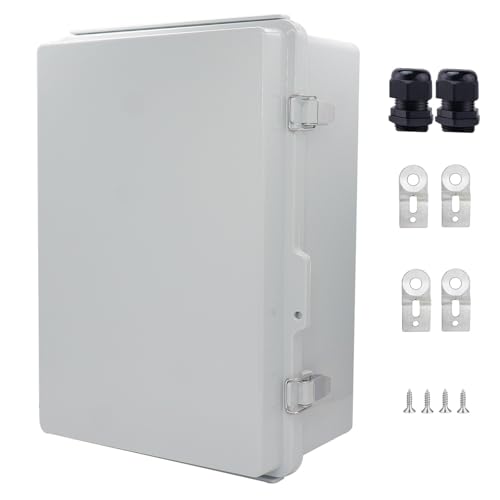 IP67 Waterproof Junction Box, ABS Plastic Electrical Enclosure with Stainless Steel Latch, Hinged Cover Electric Box with Mounting Plate, Wall Brackets &amp; Cable Glands 380x280x130mm