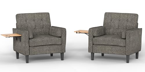 Image of Chenille Accent Chair, Mid Century Modern Arm Chair with Foldable Wooden Side Table & Cup Holder - Comfy Reading Chair for Bedroom,Living Room Chairs,Sofa Chair Set of 2,Dark Grey