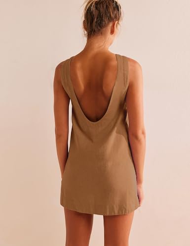 Image of VIUTIL Womens Summer Linen Mini Dress Boat Neck Low Back Sleeveless Tank Dresses with Pockets 2026 Vacation Outfits