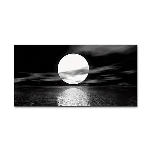 Tableau paysage océanique et lune AEFOUU noir et blanc impression sur toile 70x110 cm