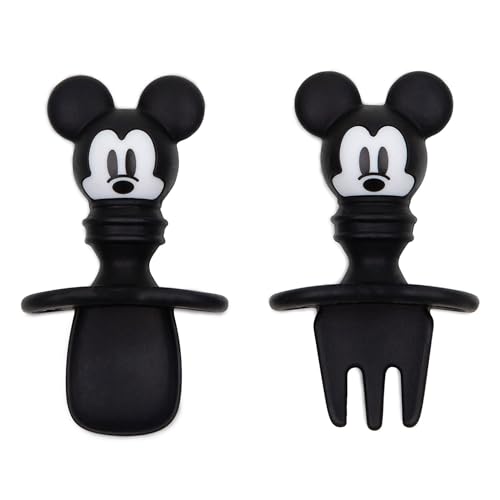 Image of Bumkins Disney Baby Utensils Set, Chewtensils Silicone Spoons for Dipping, Self-Feeding, Baby Led Weaning, Trainer Learning First Stage Stage Eating, Fork and Spoon, Babies 6 Months, Mickey Mouse