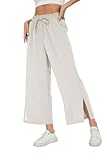 HIYIYEZI Women's Wide Leg Pants with Pockets Lightweight High Waist Lounge Capris Adjustable Tie Knot Loose Casual Trousers (Medium,Beige)