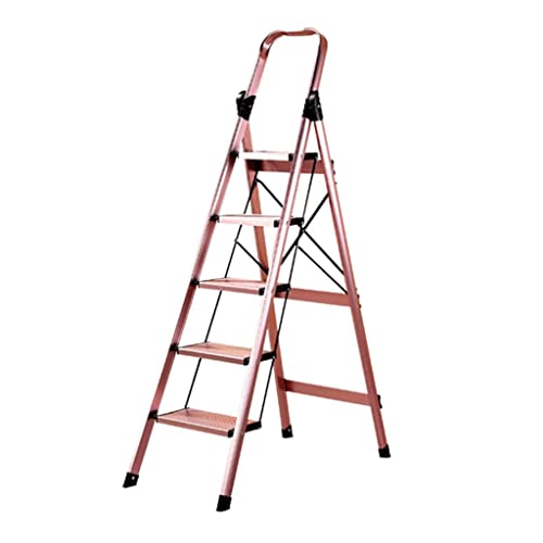 GenSDH Ladders Telescoping Ladders, Ladder with Handrails Aluminum Folding Ladder, 330lbs Strong and Reliable Step Ladders for Home Household or Outdoor (Pink 5 Step Ladder)