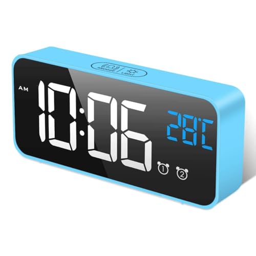 Image of Digital Alarm Clock with Large LED Display Mirror with Temperature Indicator Dual Alarm, Snooze, 4 Degrees Brightness Adjustment, 13 Music Settings, USB Connection, Bedroom
