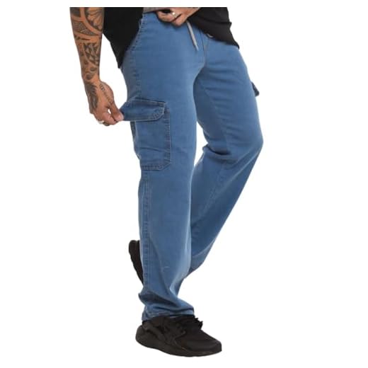Calça Cargo Larga Masculina Skate Elástico Cintura (BR, Alfa, P, Regular, Regular, Jeans Claro)