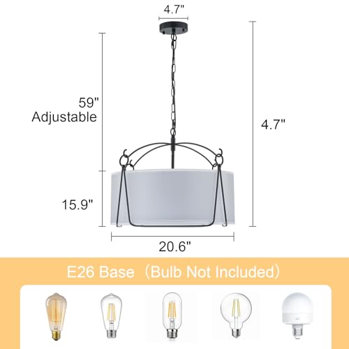 4 Light Modern Layered Fabric Dining Room Light Fixtures Over Table 20.5 Drum Chandelier for Dining room, Living room, Bedroom, Kitchen or Foyer. Black Drum Pendant Light with Adjustable Height