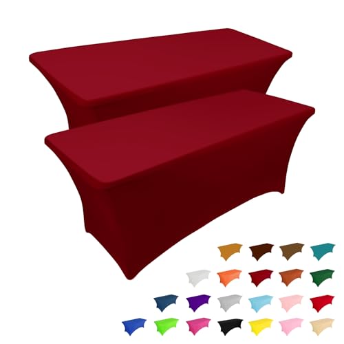 Image of IVAPUPU 2 Pack 4FT Table Cloth for Rectangular Fitted Events Stretch Burgundy Table Covers Washable Spandex Tablecloth Protector for Party, Wedding, Cocktail, Banquet, Festival