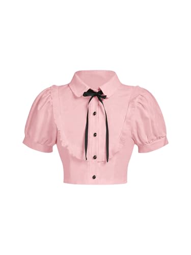 Image of Verdusa Girl's Y2k Cinched Crop Blouse Tie Front Puff Sleeve Ruffle Button Down Collar Shirts