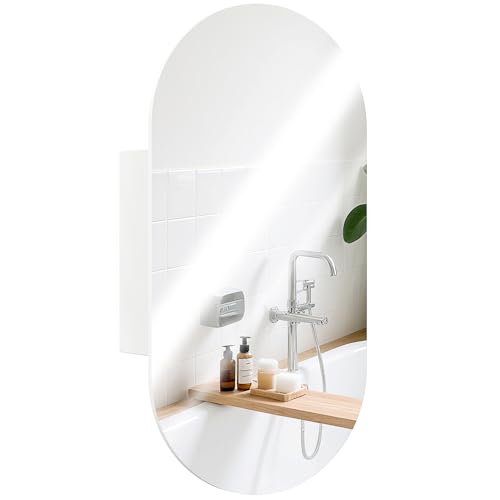 HOMCOM Specchiera Bagno Ovale con Armadietto, Specchio Contenitore Bagno Moderna a Parete con Due Ripiani Salvaspazio, 45x90 cm, Bianco