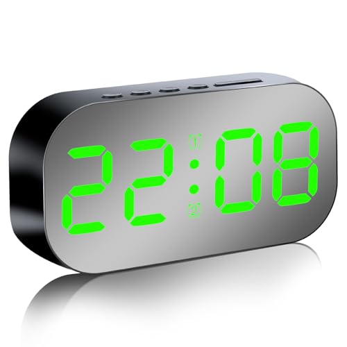 Bedside Digital Alarm Clock with Large LED Display Non Ticking USB/Battery Powered Alarm Clock with Temperature Snooze 5 Adjustable Brightness Desktop Clock for Home Bedroom(green light)