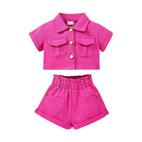 TAOJIAN Infant and Toddler Baby Girls Kids Short Sleeve Denim Pocket Jacket and Short Pants Summer Clothes (Red, 4-5Years) Cover