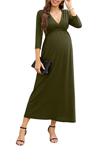 KOJOOIN Vestido de Maternidad para Mujer con Cuello en V Vestido Largo de Lactancia Manga 3/4 Casual Plisado Vestido de embarazoVerde Ejército (3/4 Manga) S
