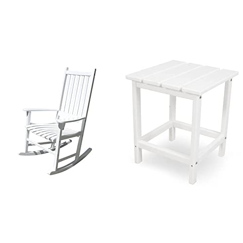 Merry Garden - White Porch Rocker/Rocking Chair Acacia Wood & POLYWOOD ECT18WH Long Island 18\" Side Table, White