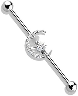 Pierced Owl - CZ Crystal Paved Crescent Moon and Star Stainless Steel Industrial Barbell