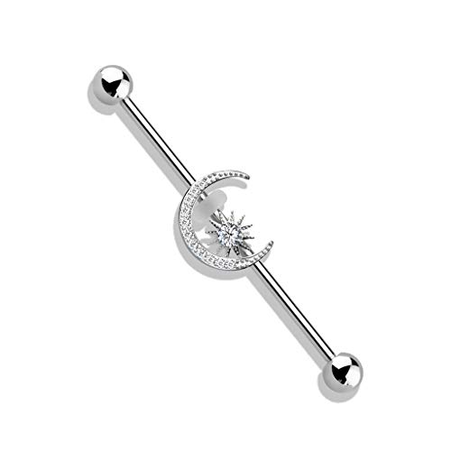 Pierced Owl - CZ Crystal Paved Crescent Moon and Star Stainless Steel Industrial Barbell