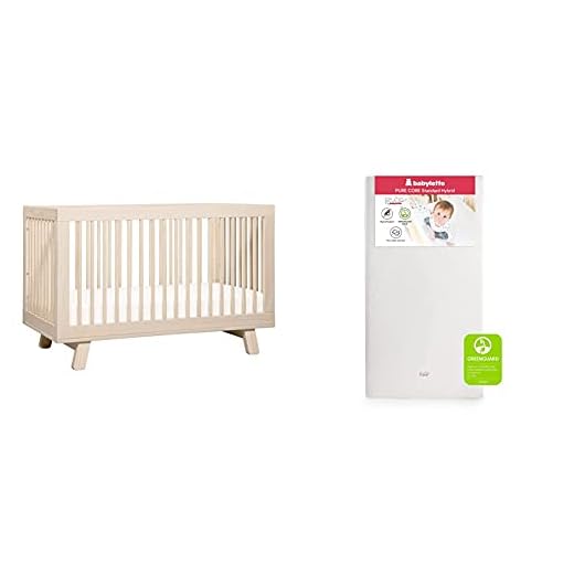 babyletto Hudson 3-in-1 Convertible Crib with Toddler Bed Conversion Kit in Washed Natural with Pure Core Crib Mattress Hybrid Quilted Waterproof Cover, Greenguard Gold Certified
