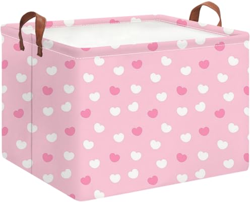 Image of Rectangle Pink Storage Basket Empty with Handles for Kids,Cute Organizer Toy Bin,Gift Basket for Girls /Kids(Pink Cute Heart)