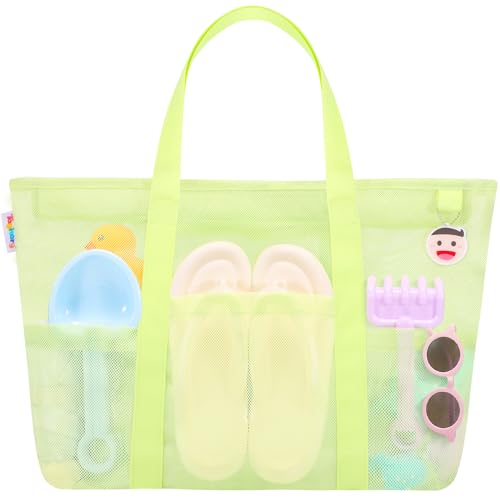 Tagitary Mesh Beach Bag with Zipper, Green Large Beach Tote Waterproof Sandproof with 8 Pockets for Storage Swim Pool Bag Accessories for Vacation Sports Camping Picnic Travel