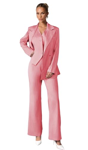 Pinstripe Pant Suits for Women 3 Piece Double Breasted Womens Suit Casual Blazer Vest Pants Tuxedo for Work Professional