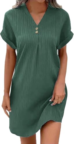 Damen Sommerkleid elegant V-Ausschnitt Luftige Tunika Kleid Einfarbige mit Knöpfen Lässiges Kurzarm A-Linie Kleid Knielang Strandkleid Boho...