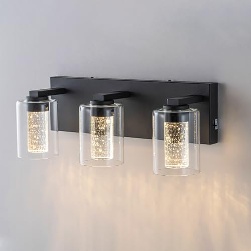 Image of SineRise Bathroom Vanity Light with 3 Color Modes (3000K /4000K /6000K), Eye Protection LED Bathroom Light Fixture, Dimmable Modern Wall Light Over Mirror with Clear Glass Shade (Black, 3-Light)