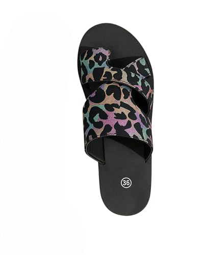 FKLUGSXS Generic Women's Iridescent Leopard Print Slide Sandals - Open-Toe