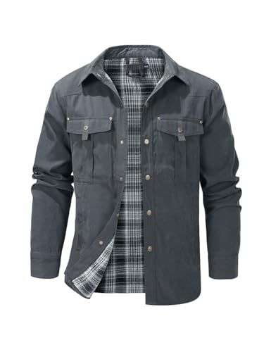 Haellun Men's Flannel Lined Shacket Long Sleeve Plaid Western Cowboy Snap Button Down Shirts Jackets with Pockets