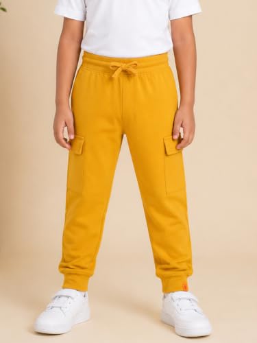 Image of KiddoPanti Boys Cotton Joggers | 100% Cotton Single Jersey | 2 Side Cargo Pockets with Flap | Elasticated Waist Band with Functional Drawcord | Soft & Breathable Track Pants