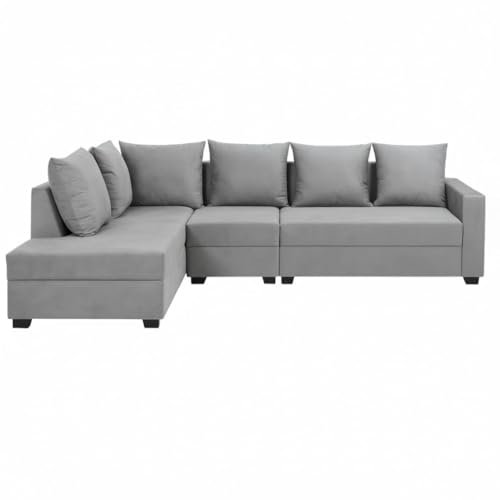 Image of FURNY Gloria 8 Seater Fabric LHS L Shape Sofa Set with 1 Centre Table & 2 Puffy (Light Grey) Premium Velvet Finish | Ideal of Living Room