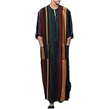 Men's V-Neck Linen Robe Long Sleeve Kaftan Thobe Long Gown Loungewear Casual Crewneck Muslim Shirt for Daily Wear Yellow