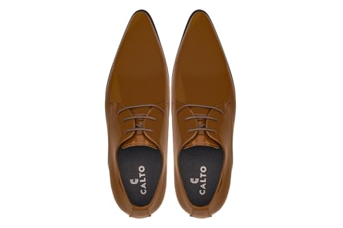 Image of CALTO Men's Invisible Height Increasing Elevator Shoes - Light Brown Patent Leather Lace-up Formal Dress Oxfords - 2.8 Inches Taller - K2728 - Size 6 D(M) US
