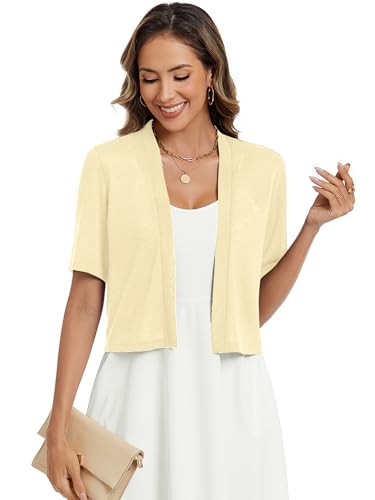 Image of Heymoments Women's Thin Shrugs Short Sleeve Lightweight Cropped Tops Open Front Knitted Cardigan for Dress Summer Bolero