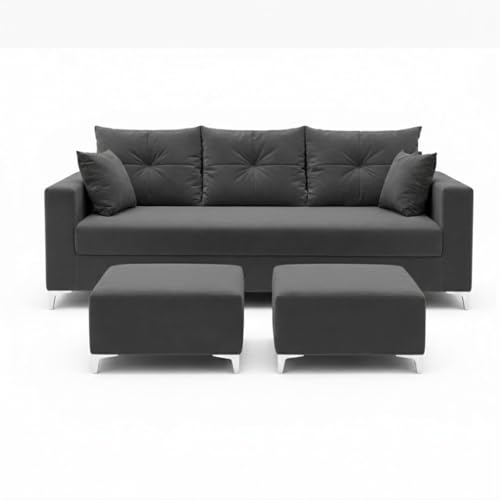 Image of Zora 5 Seater L Shape Sofa Set with 2 Movable Ottomans | Flexible Layout | Rich Velvet Suede Fabric | Silver Legs | Spacious Seating | Modern Sofa for Living Room (Dark Grey)