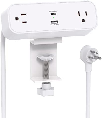 Desk Clamp Power Strip 10ft Flat Plug Extension