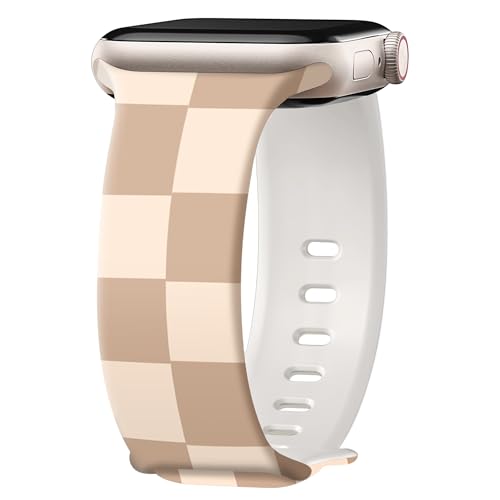 Image of wipalor Checkered Bands for Apple Watch Bands for Women 46mm 45mm 44mm 42mm 49mm, Cute Sport Checkered iWatch Bands Soft Silicone iPhone Watch Bands Series 11 10 9 SE 8 7 6 5 4 3 Ultra-Beige