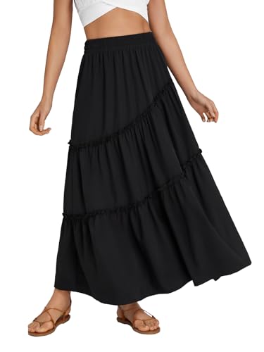 OPOIPIN Women's High Elastic Waist Ruffle Tiered Flowy Beach Summer A-Line Maxi Skirt