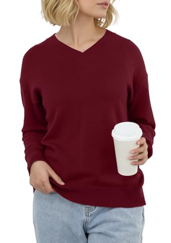 PrinStory Damen Pullover V-Ausschnitt Strickpullover Langen Ärmeln Sweatshirts Lässige Sweater Strickwaren (Weinrot, L)