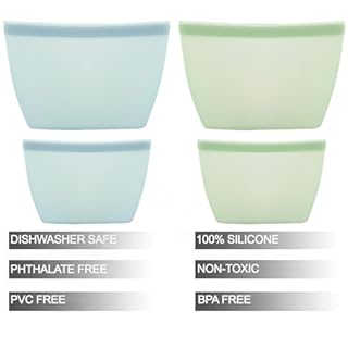 PandaEar 4 Pack Reusable Silicone Food Storage Bags, Leakproof Stand-Up Freezer Bags, Microwave & Dishwasher Safe, for Meal Prep, Snacks, Baby Food – 2 Large (34 oz) + 2 Medium (17 oz)