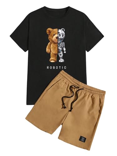 WDIRARA Men's Two Piece Graphic Print Round Neck Short Sleeve Tops and Drawstring Shorts with Pockets Clothing Set