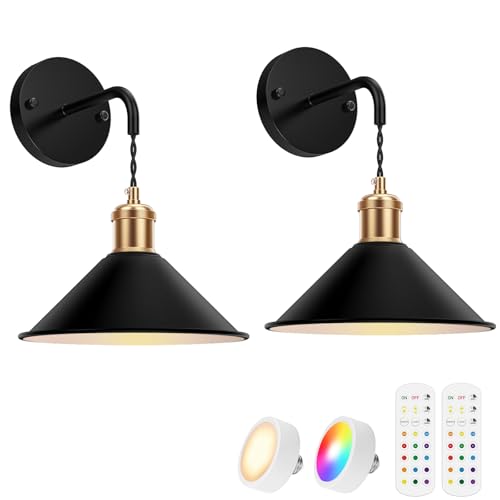 Image of Rechargeable Wall Lamps with 5000mAh Capacity, High Brightness, 3 Color Temperature RGB Wall Lights, Remote Control, Memory Function, Timer for Bedroom Living Room, 2Pack, Black, WS-01