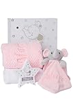 Baby Box Shop Personalised Baby Girl Gift Set – Hooded Baby Towel, Star Plaque & Keepsakes in Magnetic White Gift Case – Personalised Pink Blanket & Elephant Comforter for Newborns (Pink)