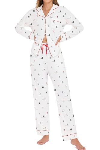 Image of LUBOT Christmas Pajamas for Women 100% Cotton Pajama 2 Piece PJ Set Soft Long Sleeve Button Xmas Print Loungewear XS-XXL