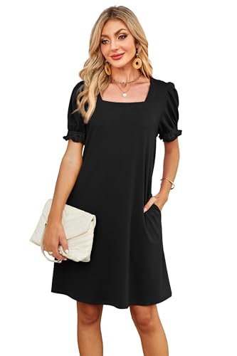 Image of RUMIA Summer Dresses for Women 2025 Casual Cute Square Neck Puff Short Sleeve Dress with Pockets